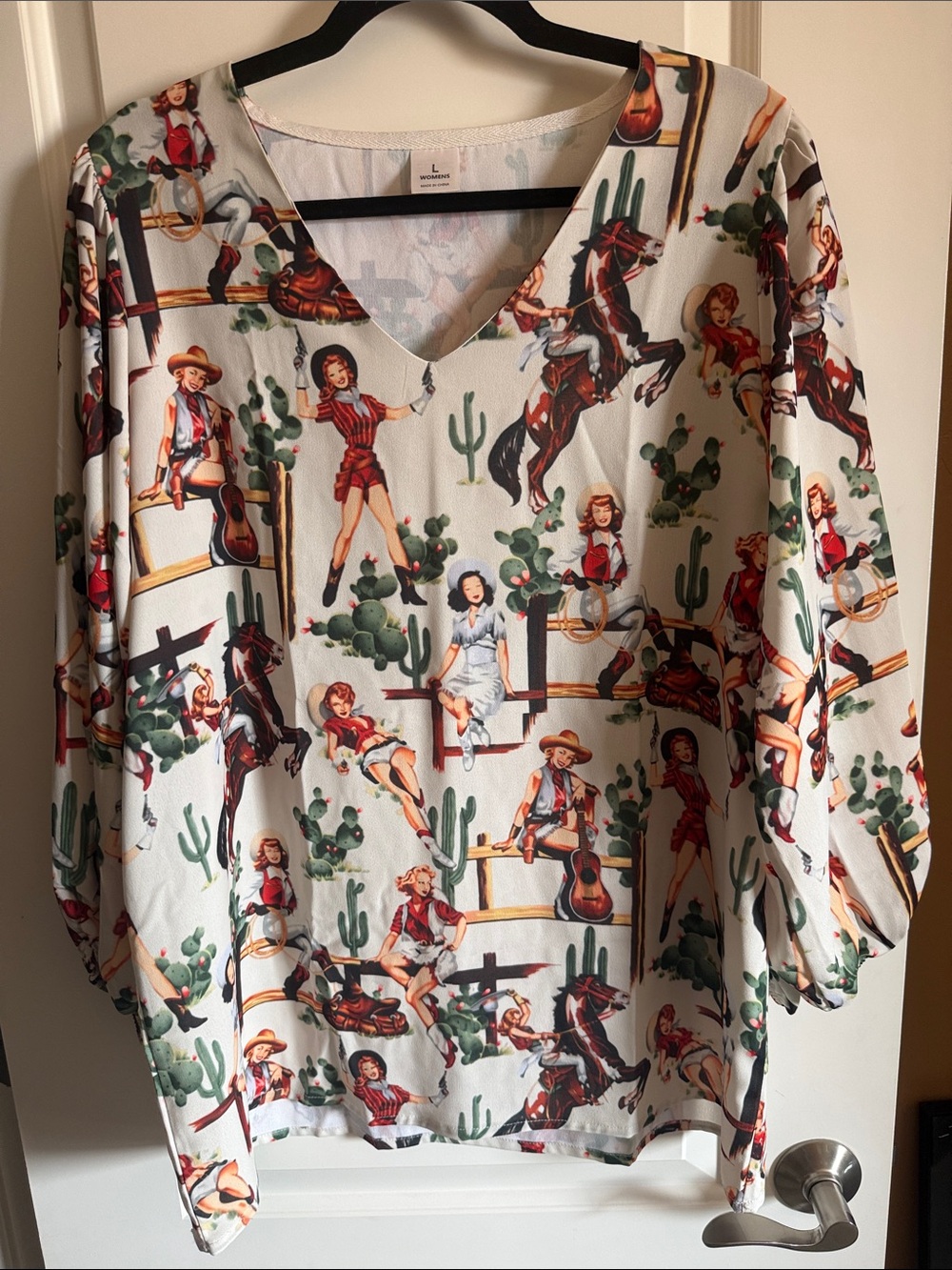 Western Print V-Neck Top